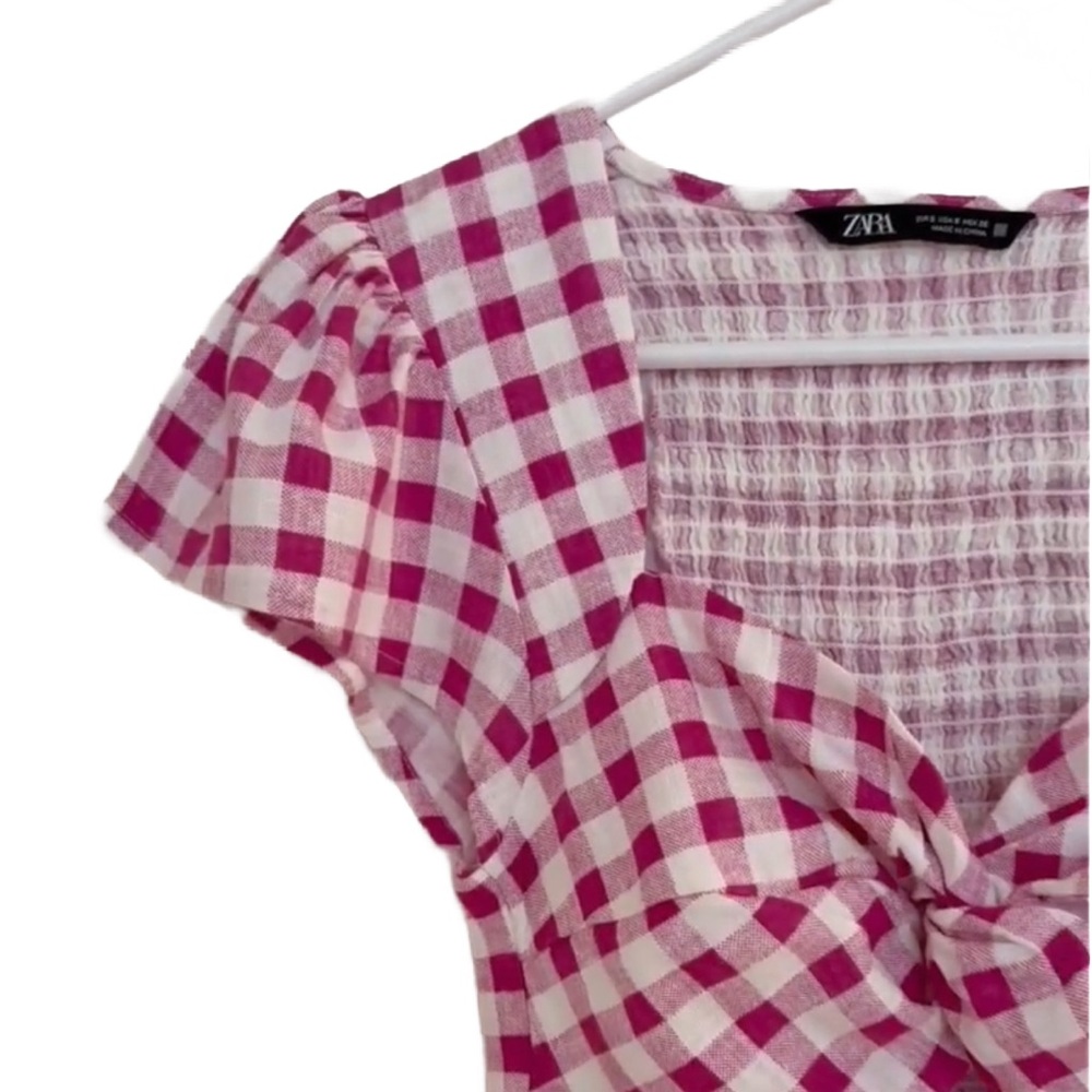 ZARA ~ Pink and White Gingham Checkered Short Sleeve Top size S - Picture 7 of 8